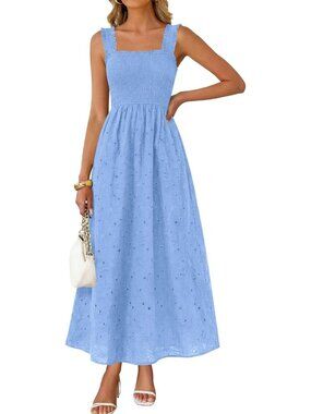 🆕 Women's Light Blue Boho Sleeveless Square Neck Cotton Flowy Long Maxi Dress